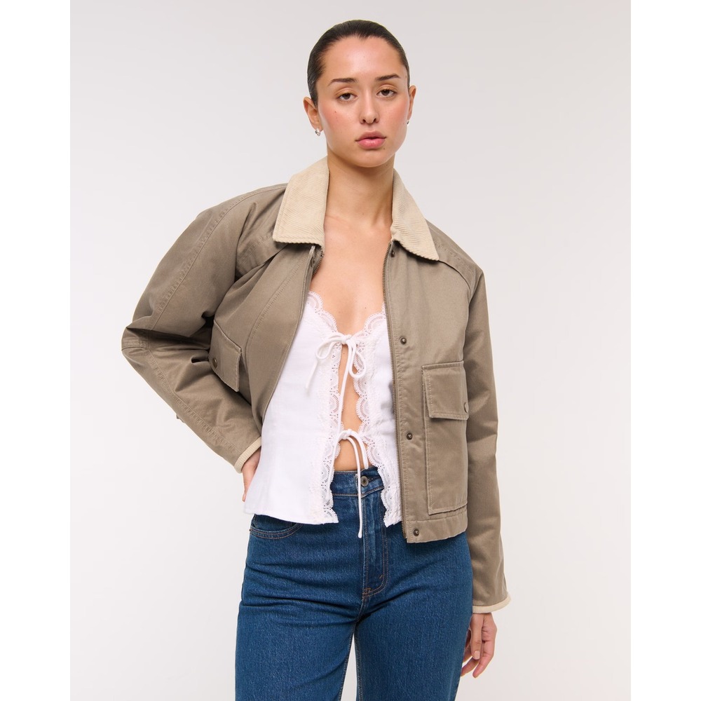 Abercrombie & Fitch Women's Short Waxed Chore Jacket Khaki Brown Corduroy Small